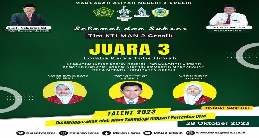 Tim KTI MAN 2 Gresik Raih Juara 3 dalam Lomba Karya Tulis Ilmiah Talent 2023