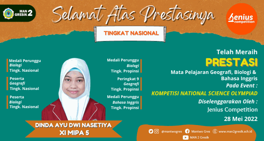DINDA AYU DWI NASETYA, MERAIH PRESTASI MEMBANGGAKAN PADA KOMPETISI NATIONAL SCIENCE OLYMPIAD