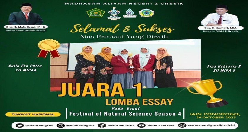 Prestasi Memukau: Siswa MAN 2 Gresik, Fina Ochtavia Ramadhani dan Aulia Eka Putra, Raih Juara 1 Lomba Essay di Festival of Natural Science Season 4